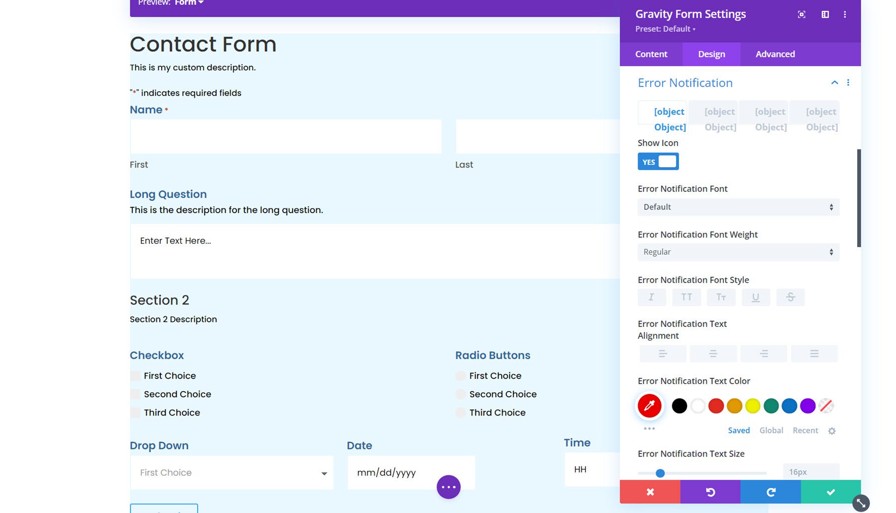 Módulo Gravity Forms Styler para notificación de errores Divi