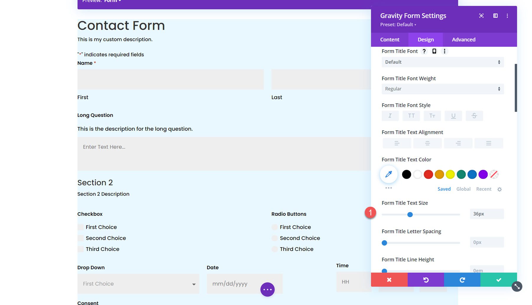 Módulo Gravity Forms Styler para el título de formulario Divi