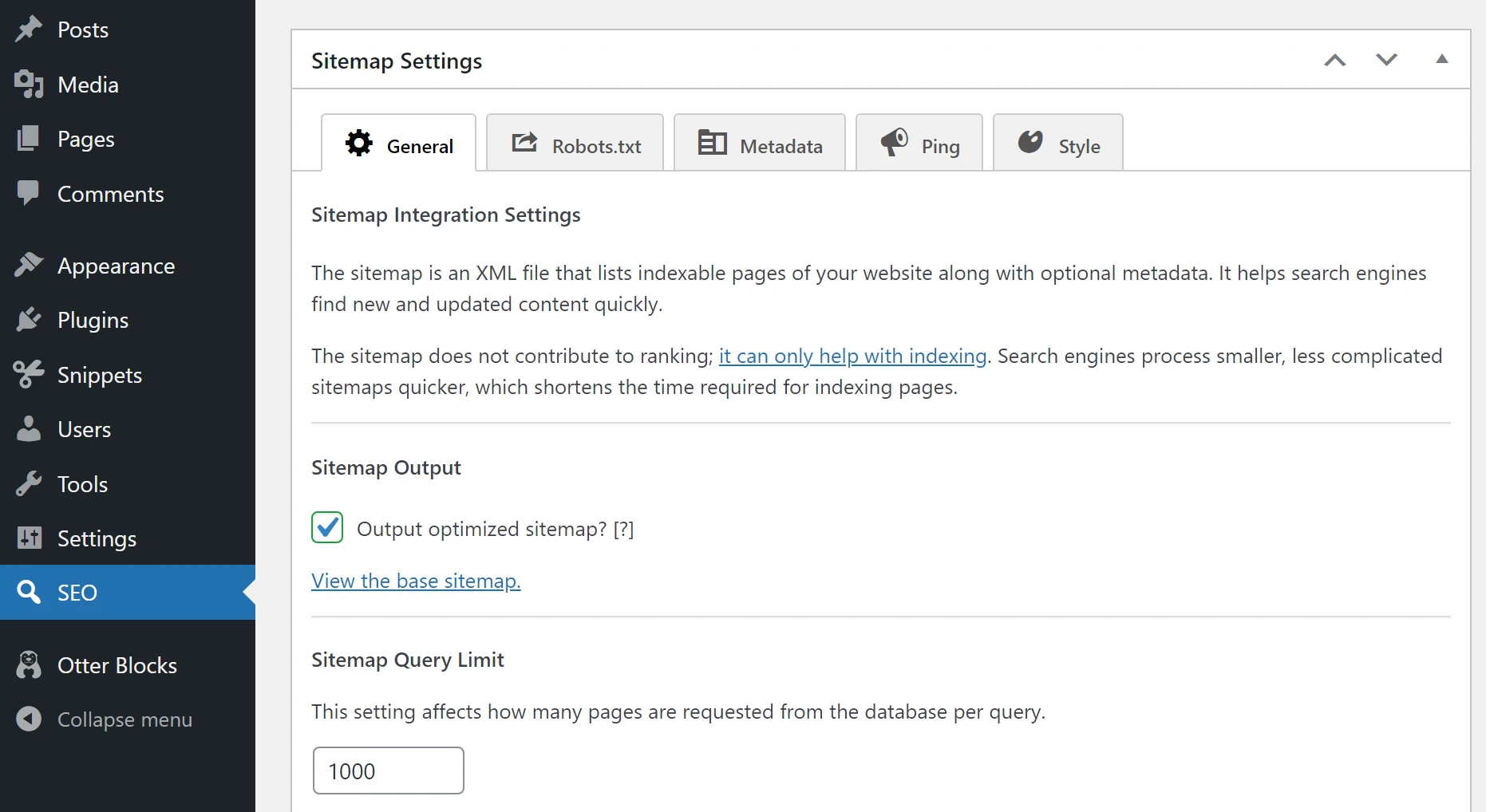 La configuración del mapa del sitio de SEO Framework.