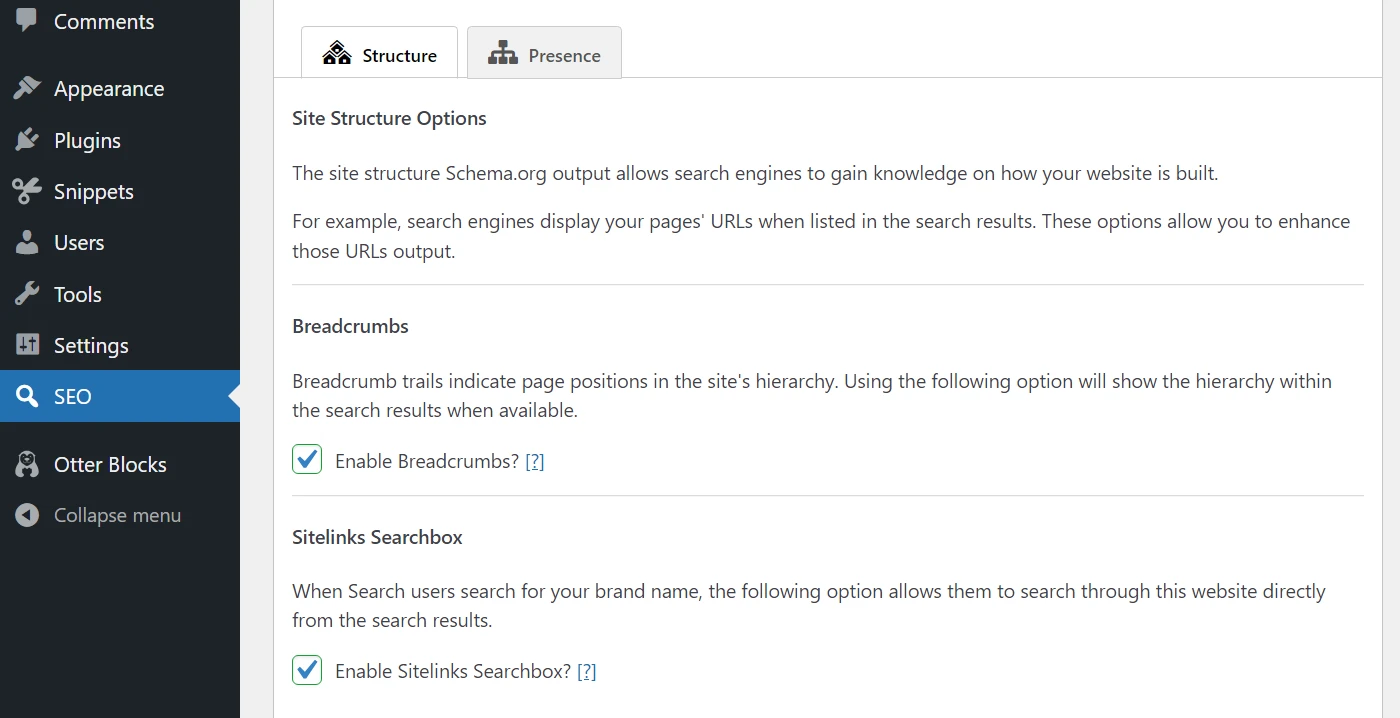 การเปิดใช้งาน breadcrumbs ใน SEO Framework