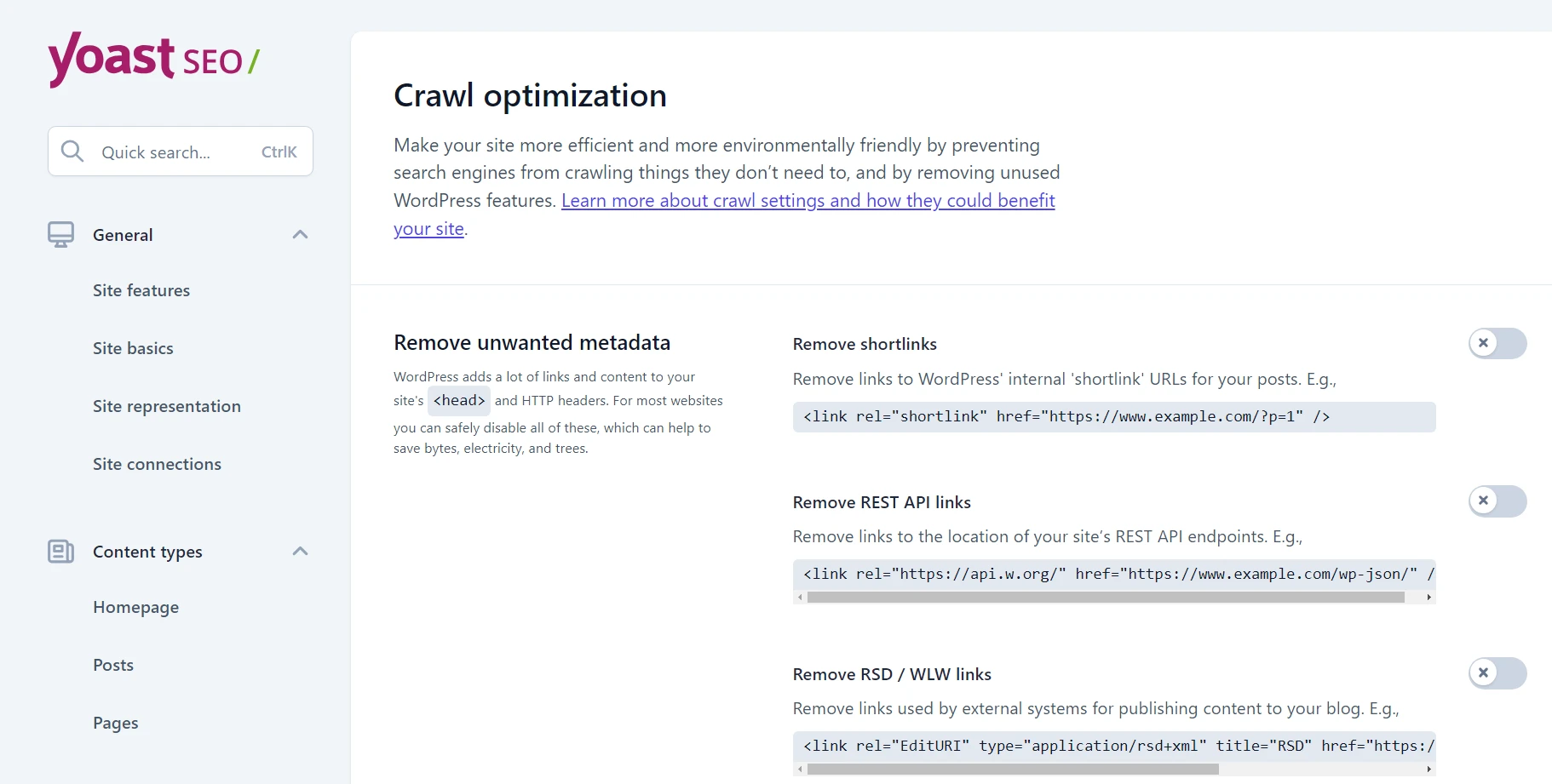 Configurações de otimização de rastreamento para Yoast SEO.