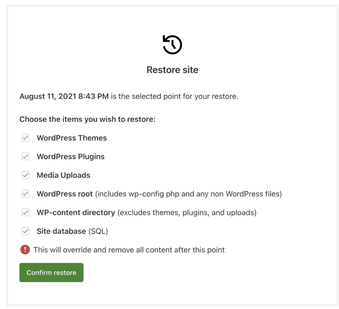 VaultPress Backup daha sonra restorasyon süreci boyunca size rehberlik ederek neyi geri yükleyeceğinizi ve nasıl geri yükleyeceğinizi seçmenize olanak tanır.