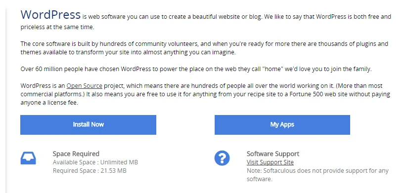 Softaculous での WordPress インストール オプション。