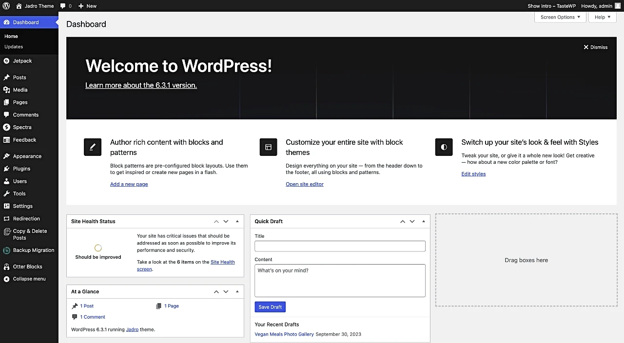 WordPress ダッシュボード。