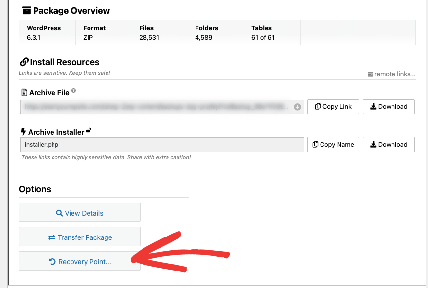 Point de récupération dans Duplicator