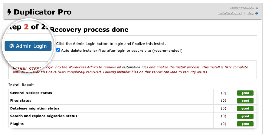 Klik login admin untuk memulihkan situs di Duplikator