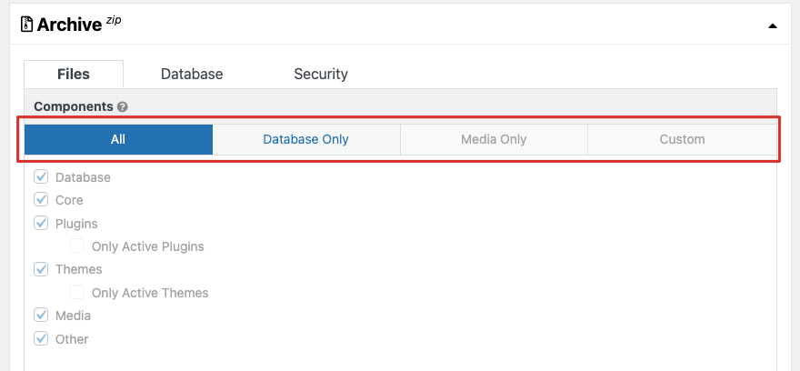 Duplicator でのファイルまたはデータベースの選択