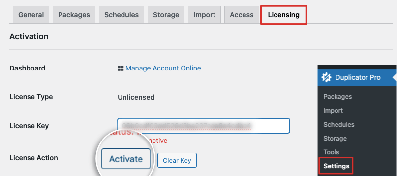 Duplicator にライセンスを追加する