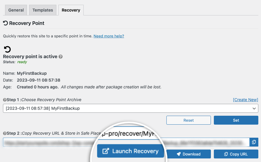 Inicie o ponto de recuperação no Duplicator