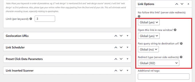 Configure link options