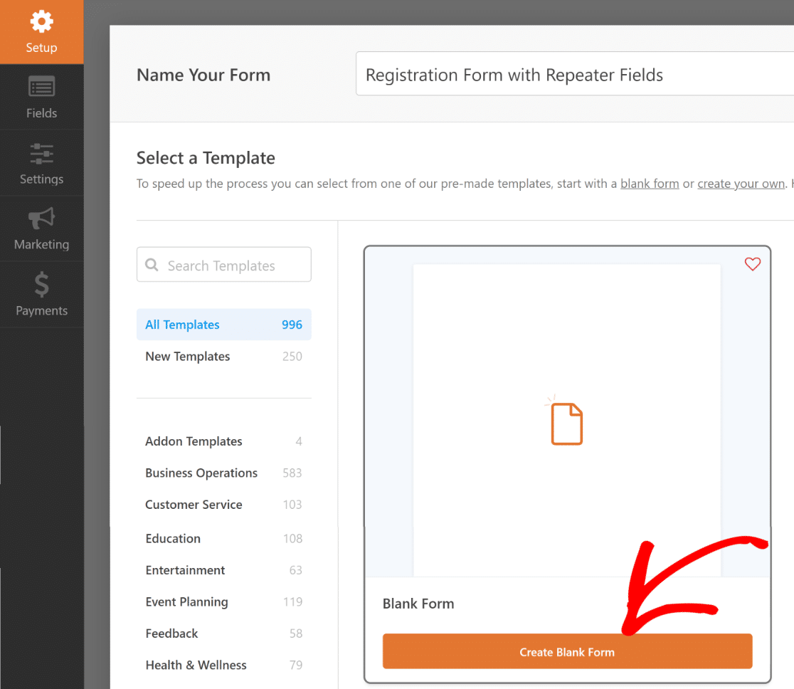 Create a blank form for repeater field