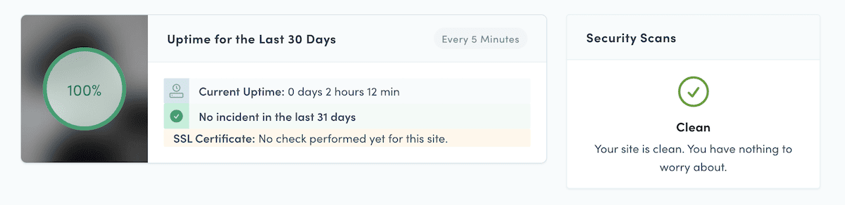 Monitor uptime dan widget pemindaian keamanan di dasbor situs Dollie.