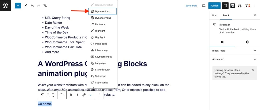 Langkah kedua saat memasukkan tautan dinamis ke dalam Gutenberg Block Editor.