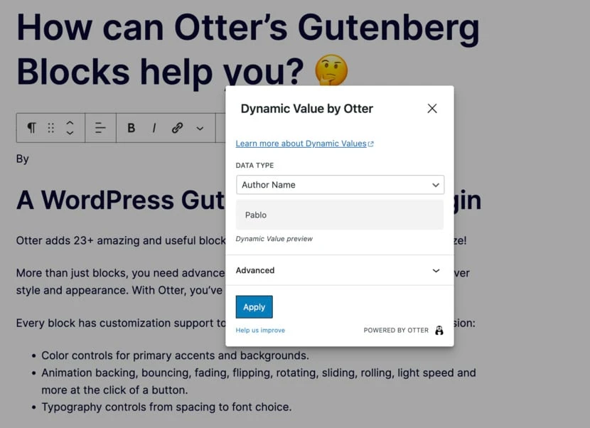 Anpassen des dynamischen Werts des Autorennamens im Gutenberg-Editor.