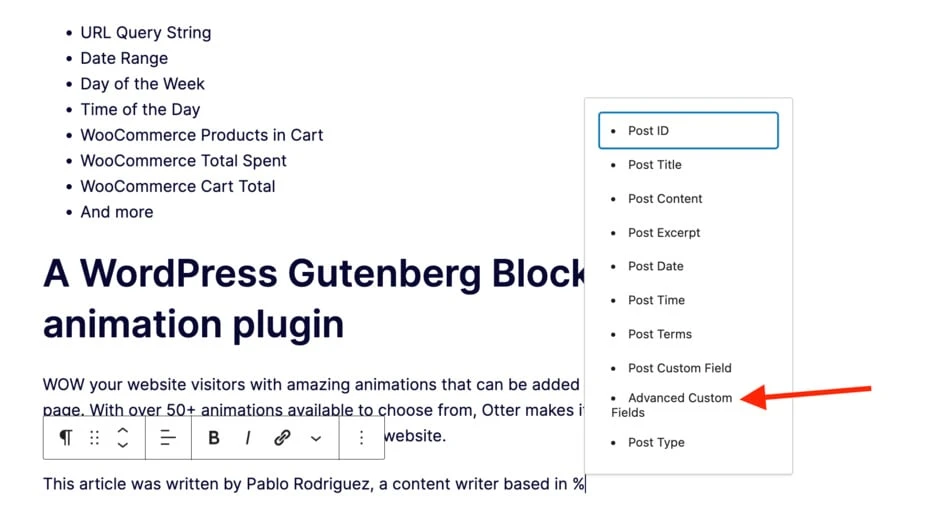 Ajout de contenu dynamique Gutenberg à une page en sélectionnant l'option « Champs personnalisés avancés » dans le menu déroulant.
