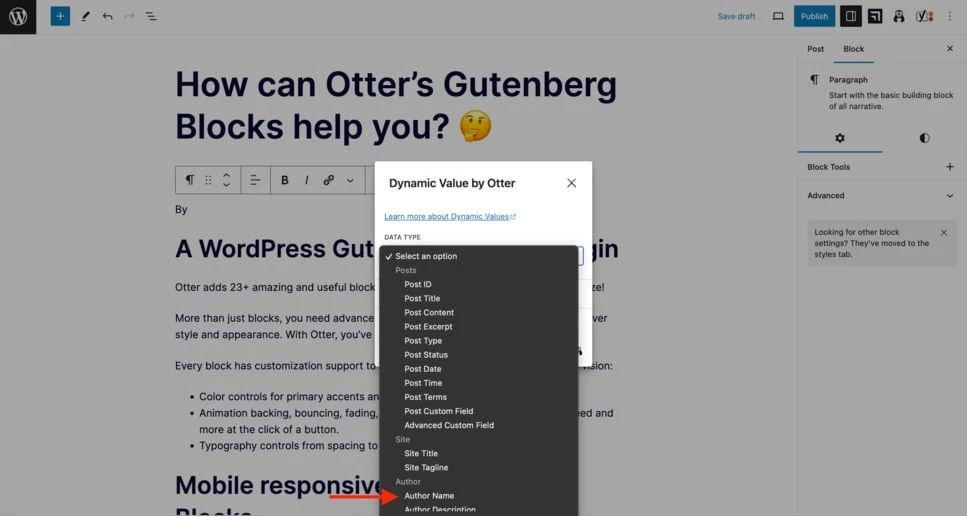 Auswahl der Option „Name des Autors“ aus dem Dropdown-Menü „Dynamische Werte“ von Otter Blocks.