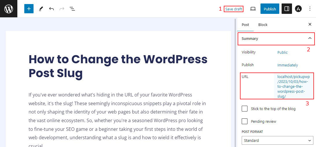 구텐베르크 편집기의 WordPress 슬러그 편집 옵션