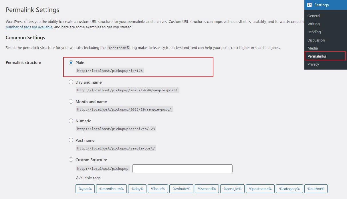 Configurações de link permanente do WordPress