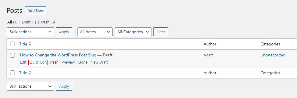 Postări WordPress Opțiune de editare rapidă
