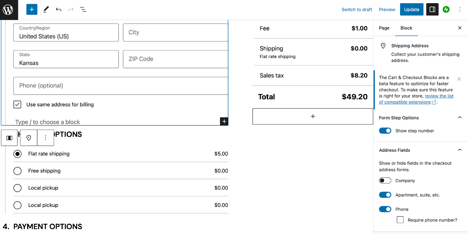 Mithilfe der Blockeinstellungen können Sie die Checkout-Schrittnummern ein-/ausblenden, bestimmte Felder ein-/ausblenden und das Feld „Telefon“ zu einem Pflichtfeld machen.