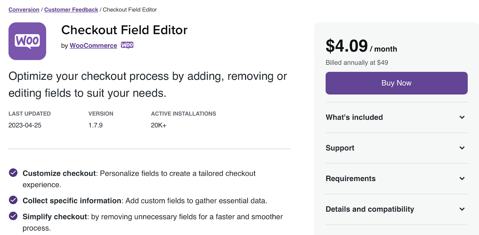 Checkout Field Editor ist eine Premium-WooCommerce-Erweiterung, mit der Sie Ihre Checkout-Seite durch Hinzufügen, Entfernen oder Bearbeiten von Feldern optimieren können.