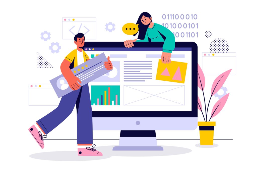 une illustration de deux personnes créant un site Web WordPress