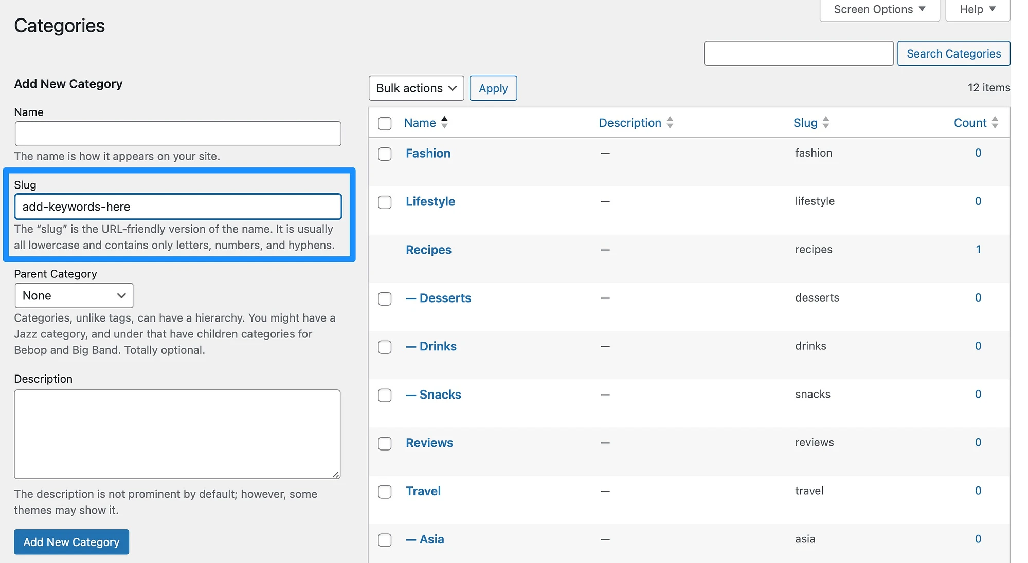 Comment optimiser les catégories dans WordPress via le tableau de bord.