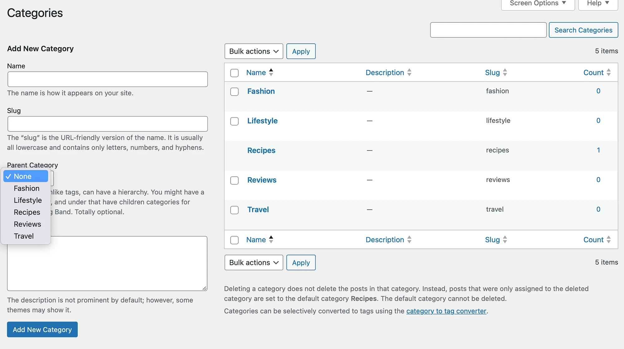 So erstellen Sie Unterkategorien in WordPress über das Dashboard.