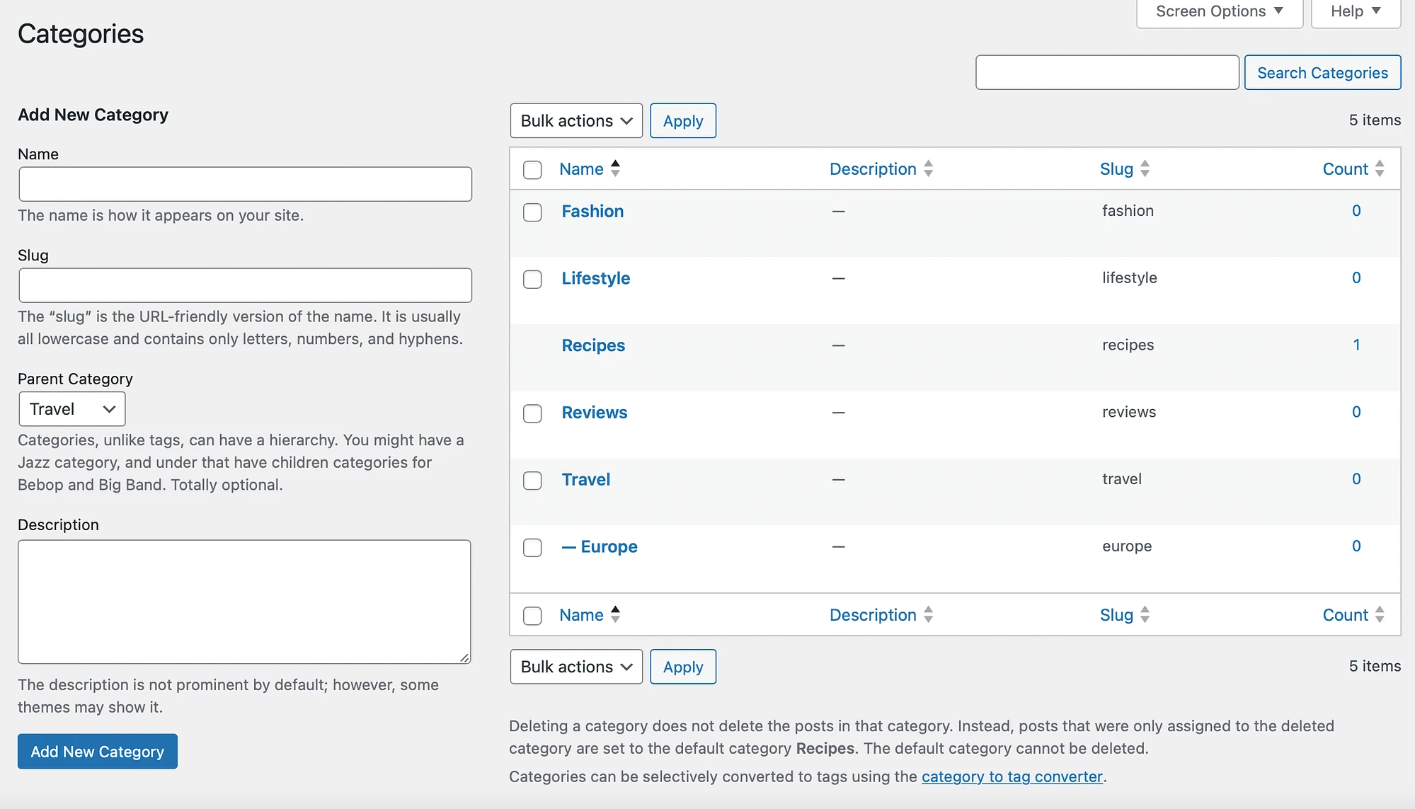 Hinzufügen einer untergeordneten Kategorie über das WordPress-Dashboard.