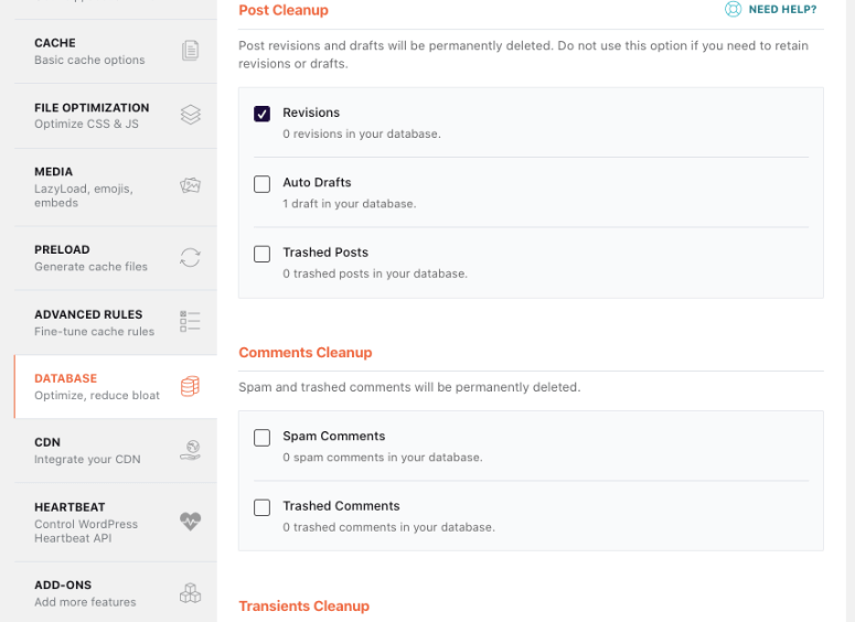 Pembersihan basis data WP Rocket