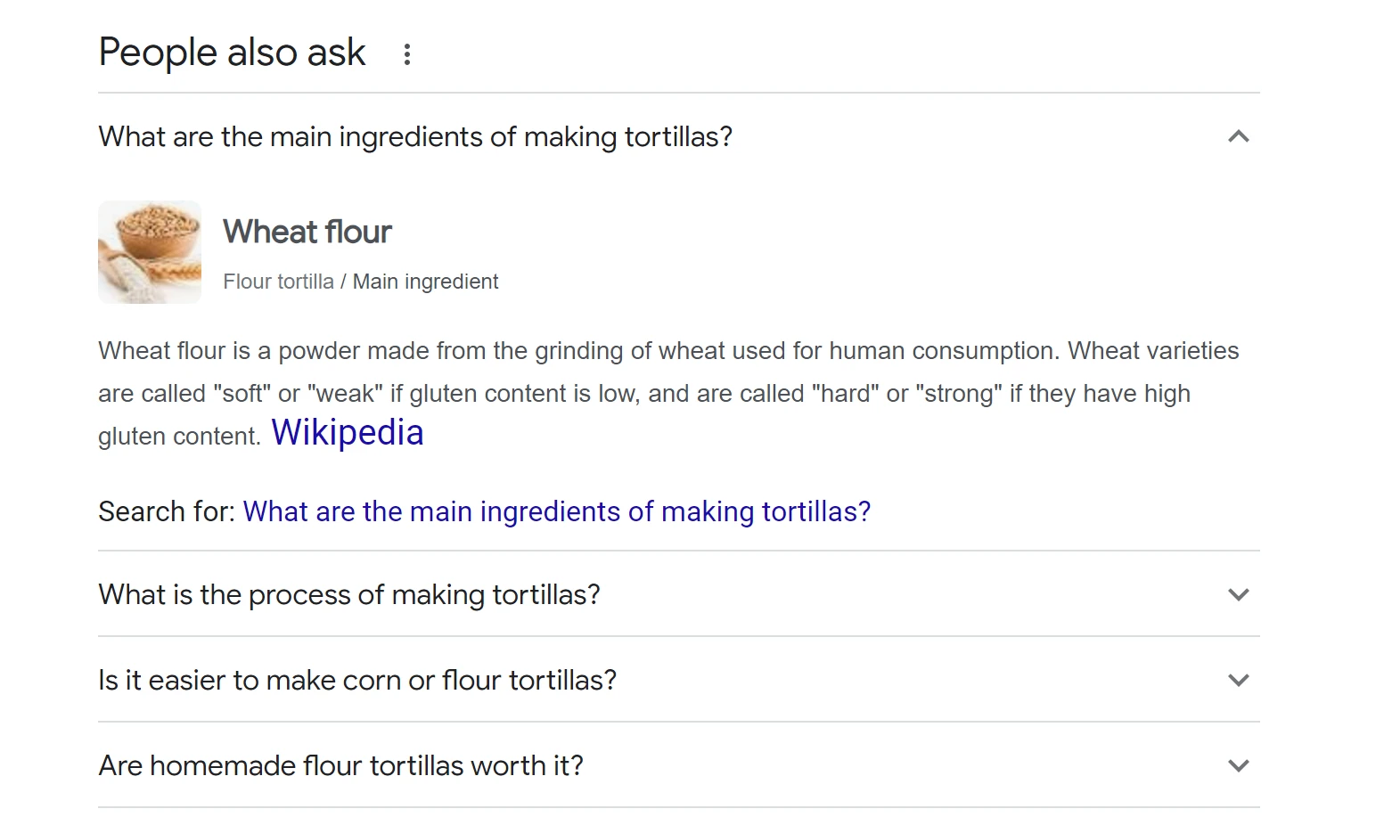 Was ist ein SERP und was sind die Abschnitte „People Also Ask“, beantwortet anhand eines Beispiels eines SERP für „Tortillas“.