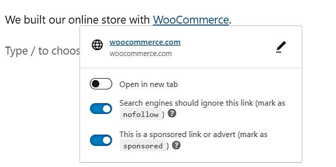 Contoh atribut rel bersponsor di WordPress.