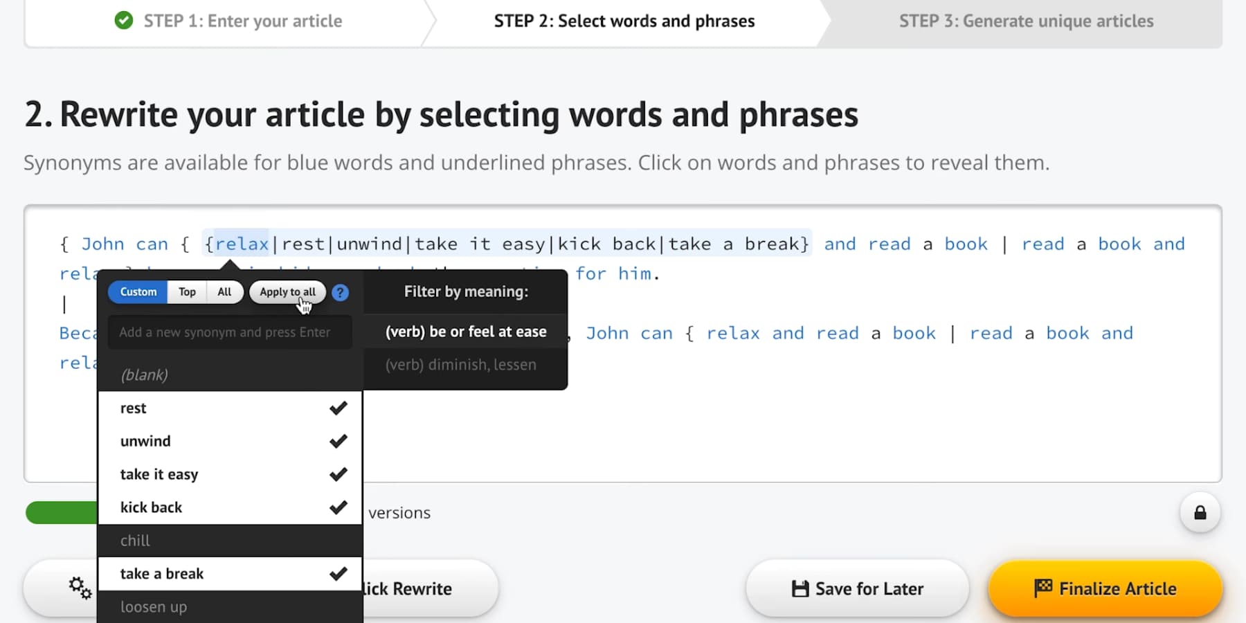 Une capture d'écran des outils de paraphrase de SpinRewriter en action