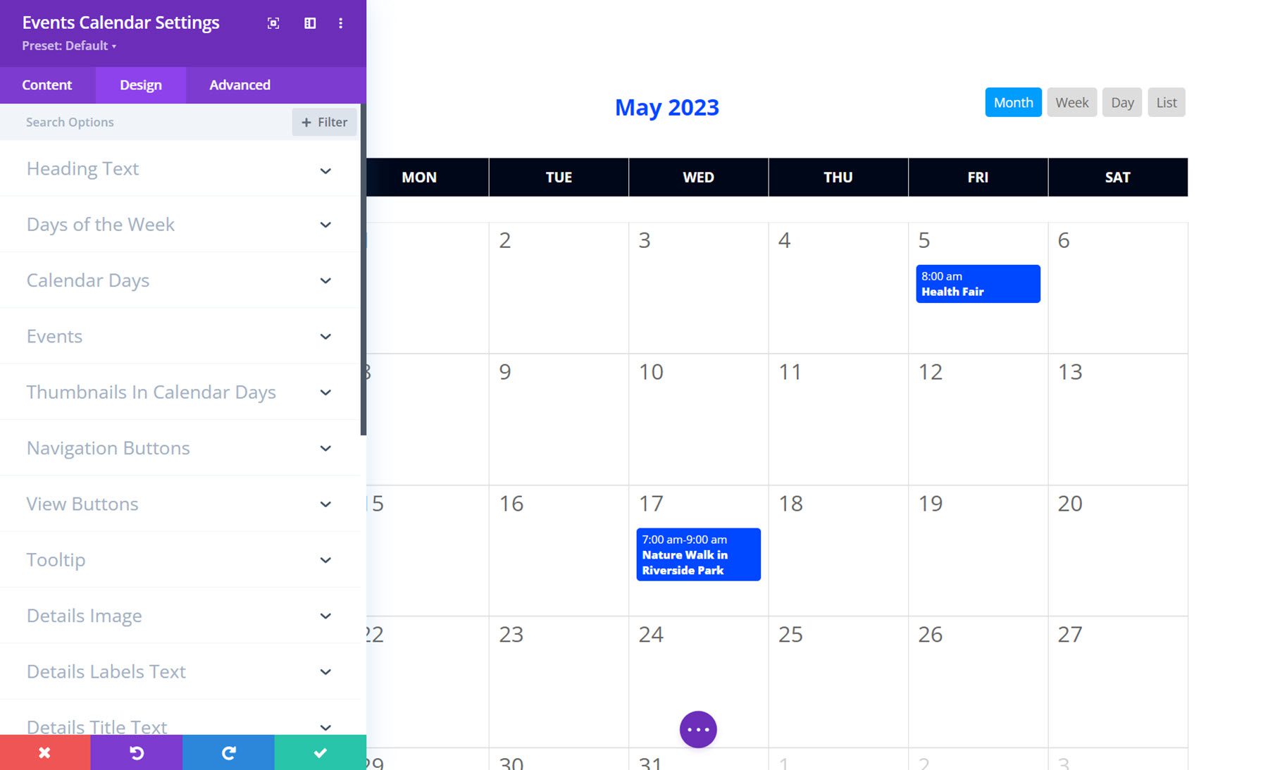 Configuración de diseño del calendario de eventos Divi