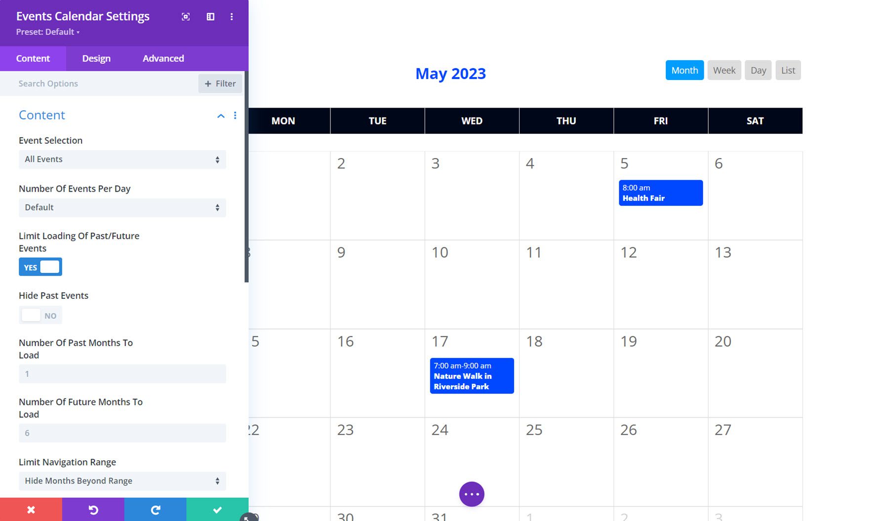 Contenuto del calendario degli eventi Divi