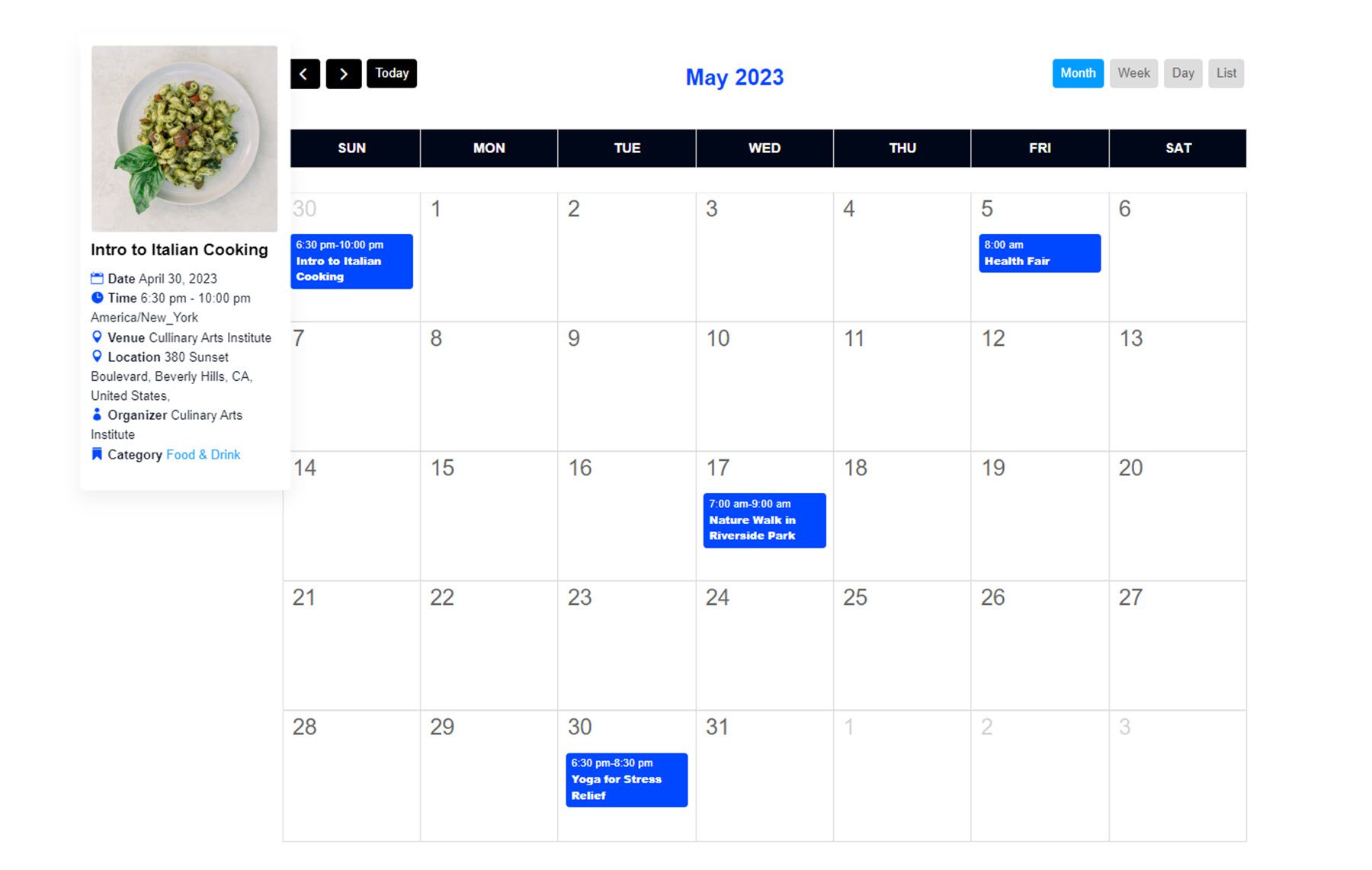 Layout del calendario del calendario degli eventi Divi