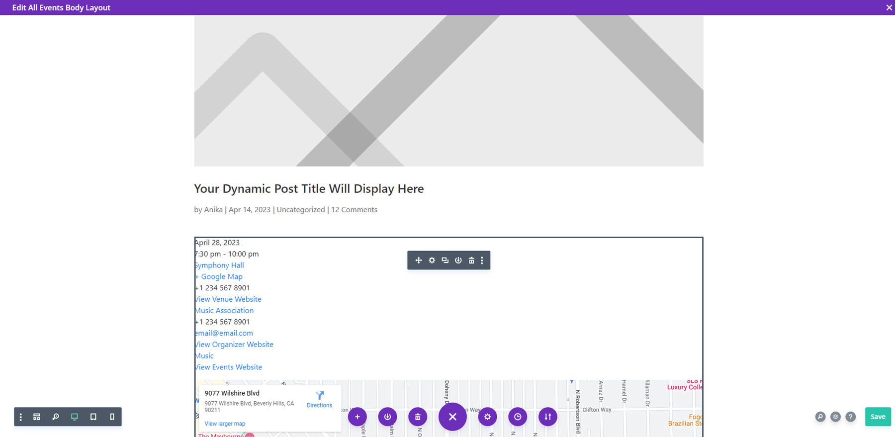 Divi 이벤트 캘린더 이벤트 페이지 모듈 기본 레이아웃