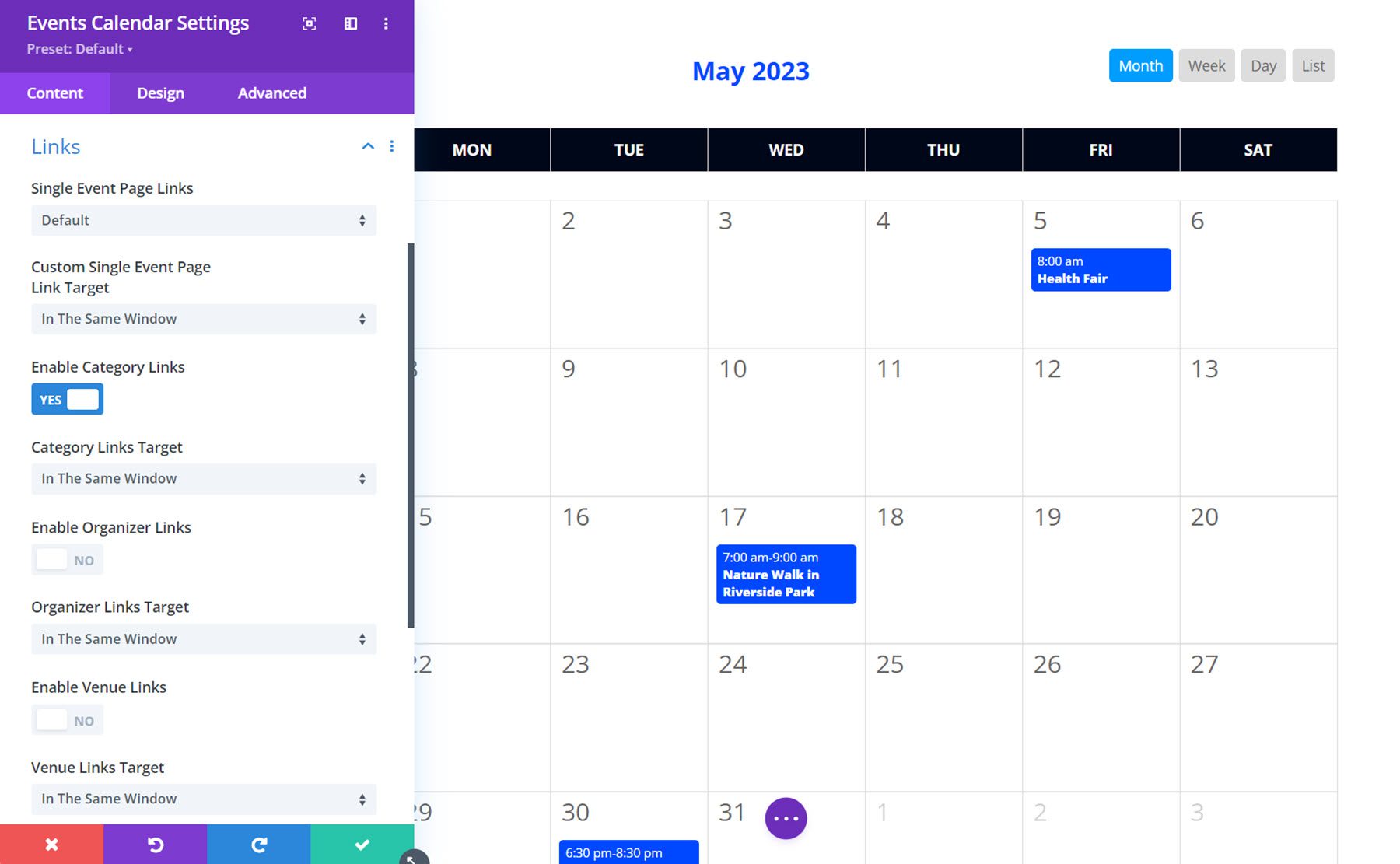 Collegamenti al calendario del calendario degli eventi Divi