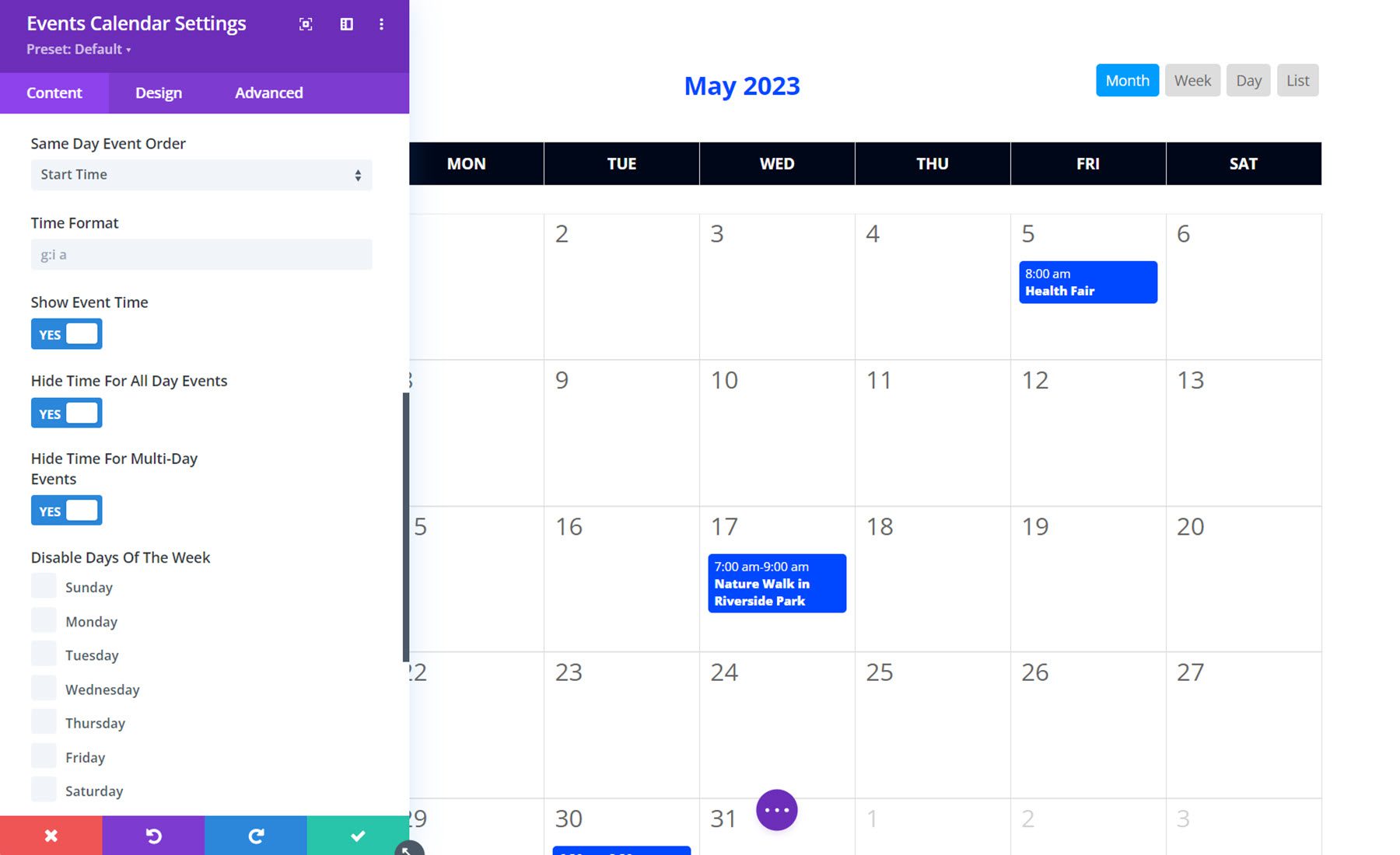 Calendarul evenimentelor Divi Vizualizări din calendar 2