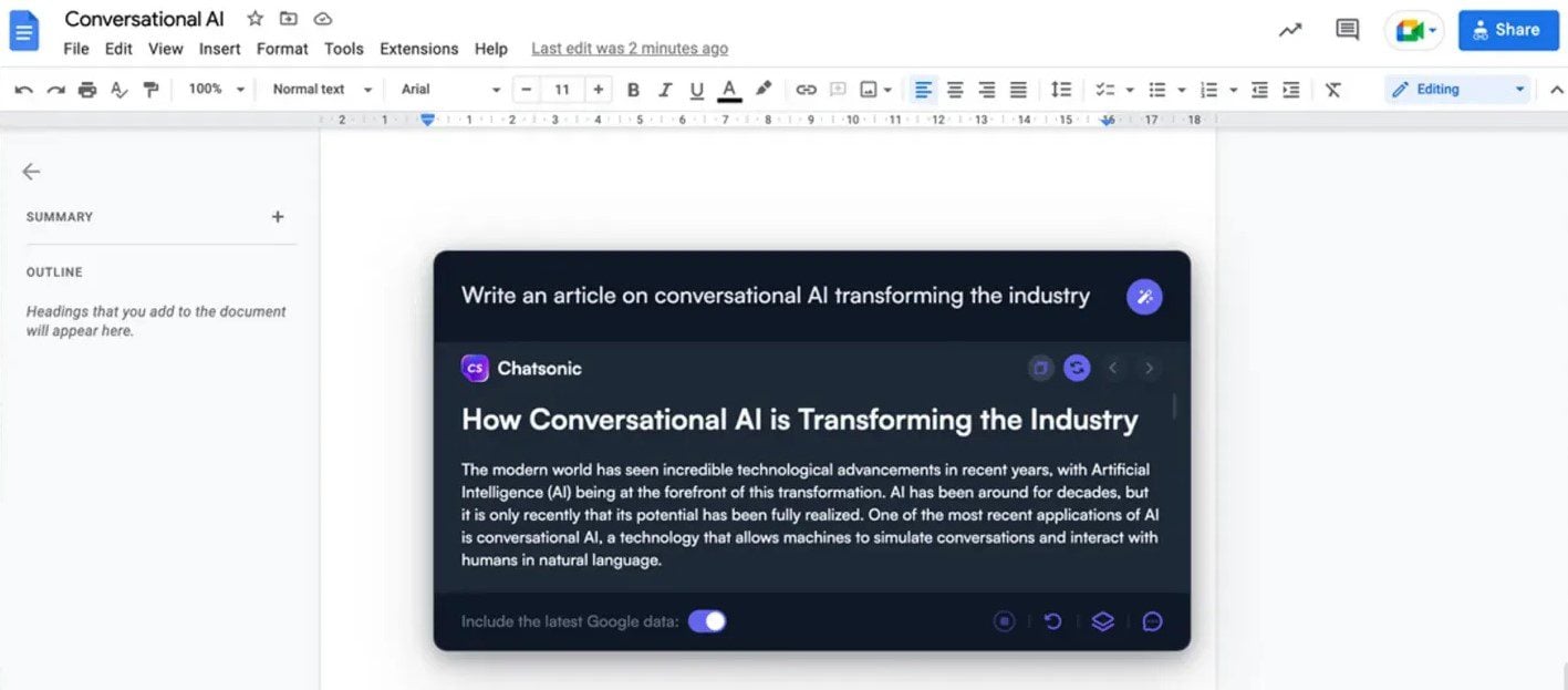 Extension Chatsonic Chrome enrichissant Google Docs