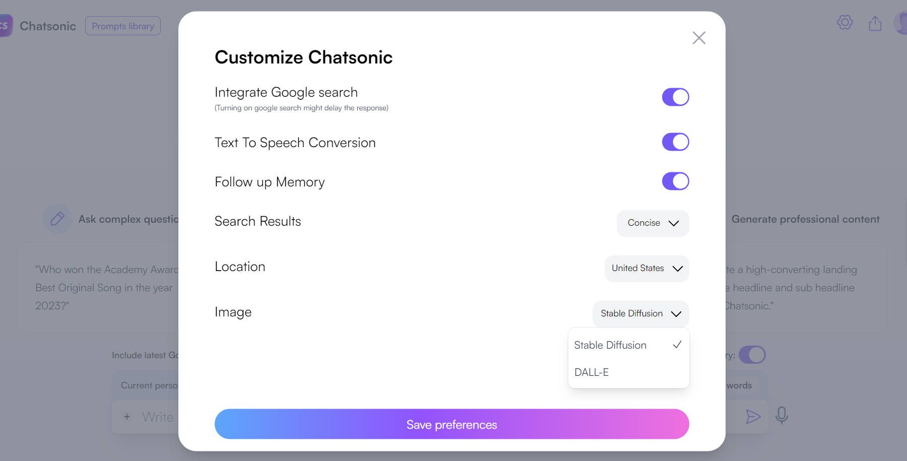 Chatsonic의 사용자 정의 설정