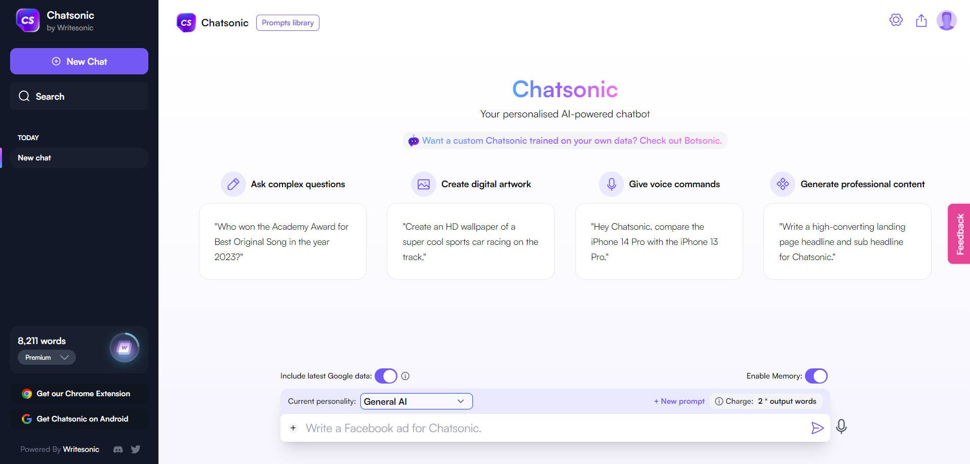 Interfaccia utente disordinata di Chatsonic