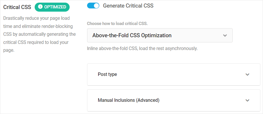 Critical CSS - Opțiunea Above The Fold Method selectată.