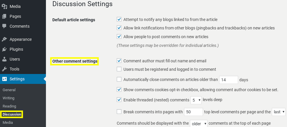 Le Impostazioni di discussione nella dashboard di WordPress.