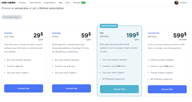 Codice coupon CSS Hero Pricing