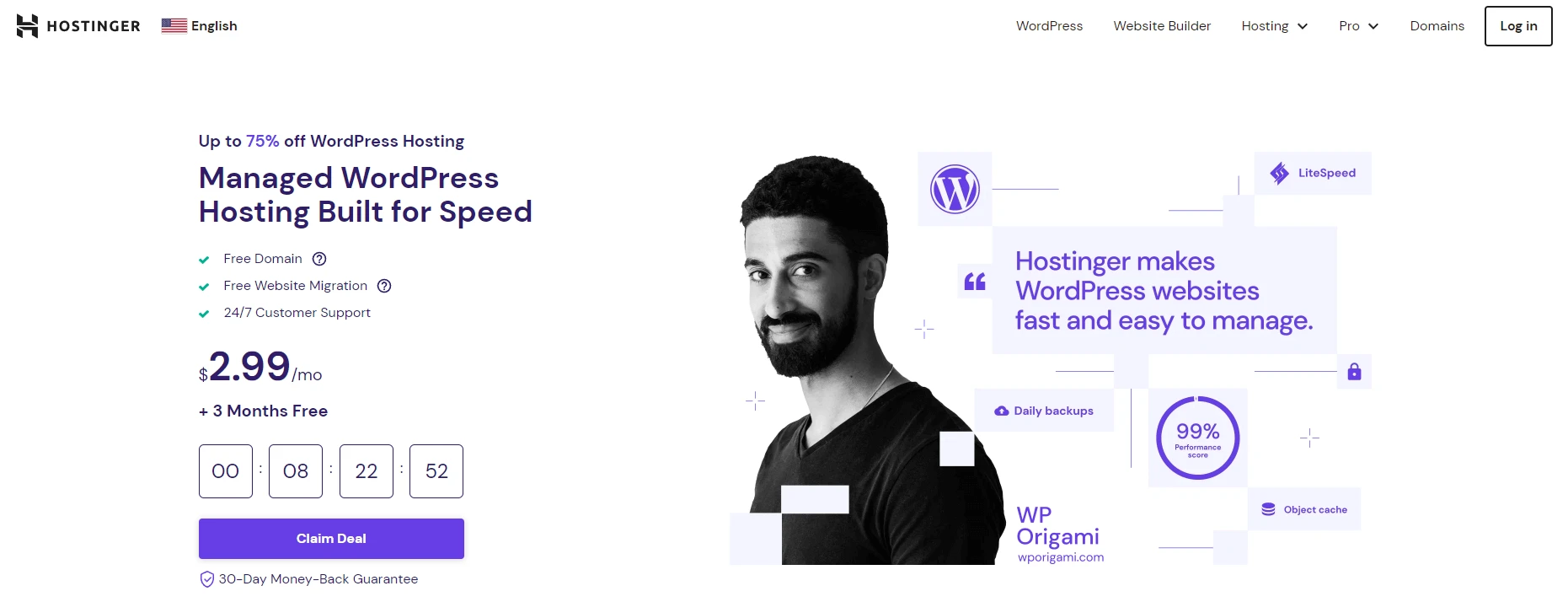 Esempio di prezzo di Hostinger del prezzo di hosting WordPress.