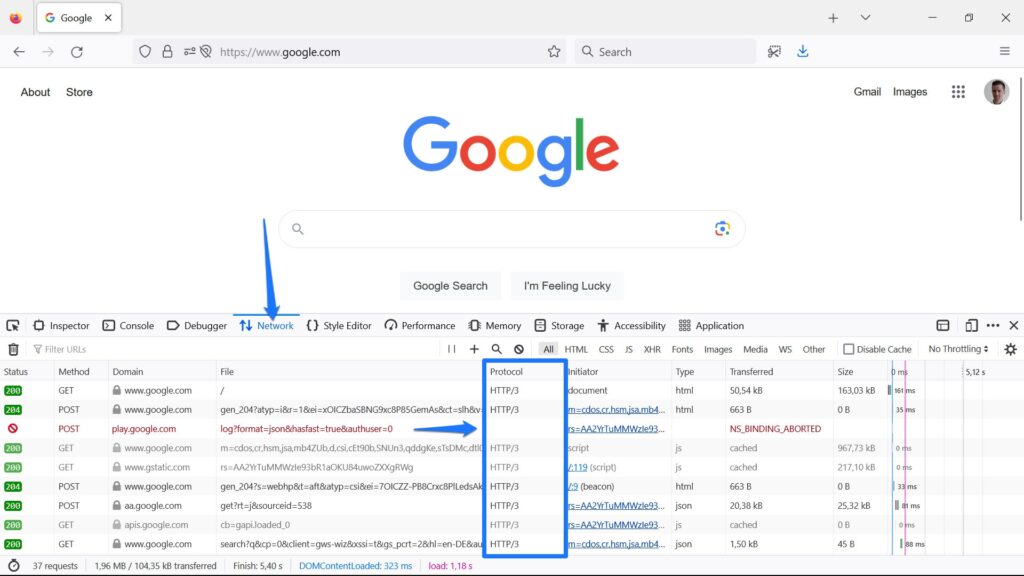 โปรโตคอล http3 ใช้งานได้บนหน้าแรกของ Google