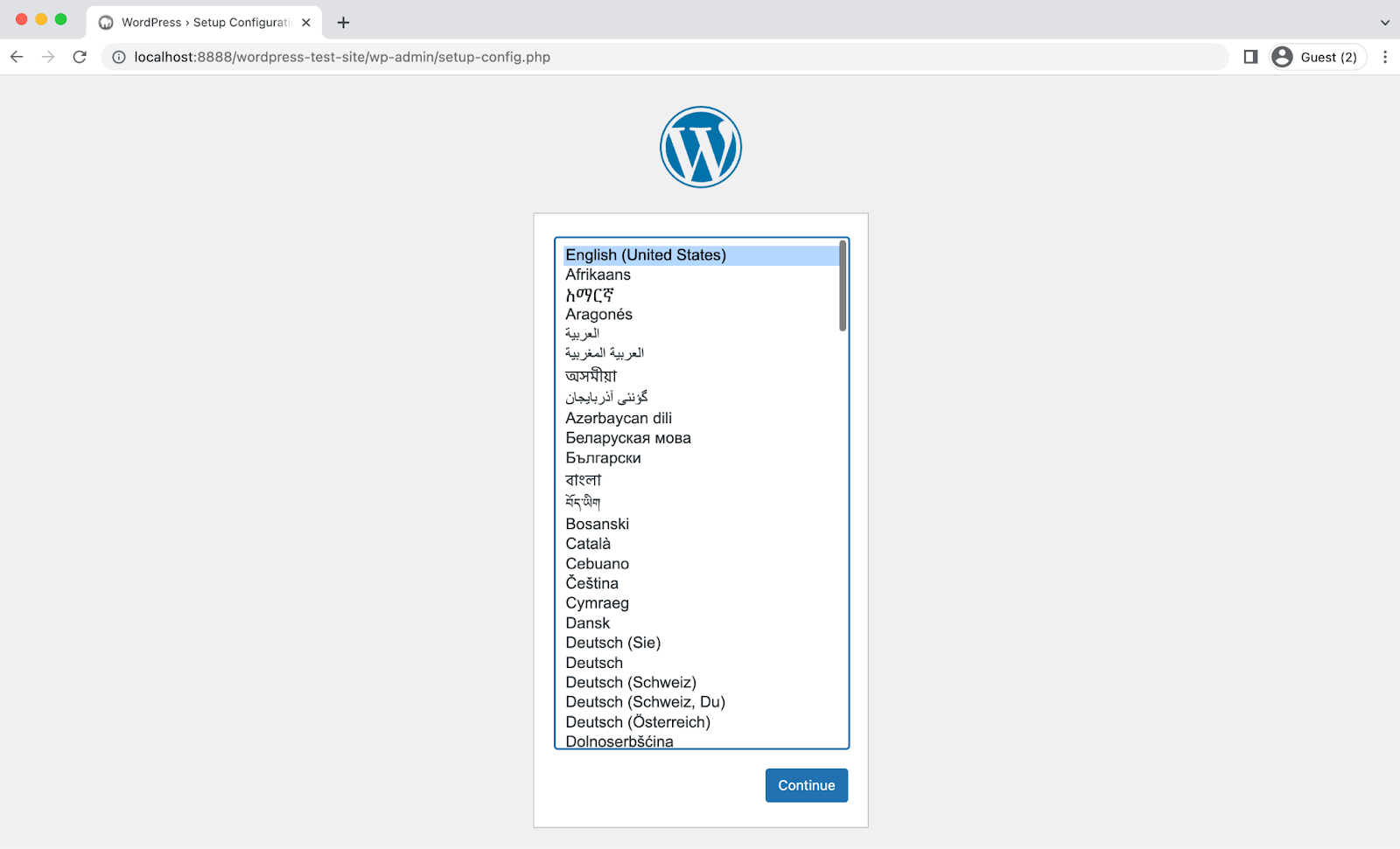 그런 다음 링크를 클릭하여 WordPress 설치에 액세스하세요. 모든 것을 올바르게 구성했다면 WordPress 설정 마법사가 열립니다.