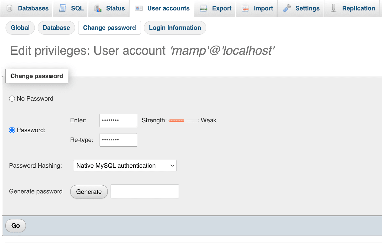 Nella schermata successiva, inserisci una password complessa a tua scelta, quindi ridigitala. Successivamente, premi Vai.