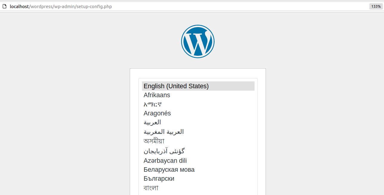 Ora puoi accedere al programma di installazione di WordPress utilizzando il tuo browser, accedendo a localhost/wordpress.